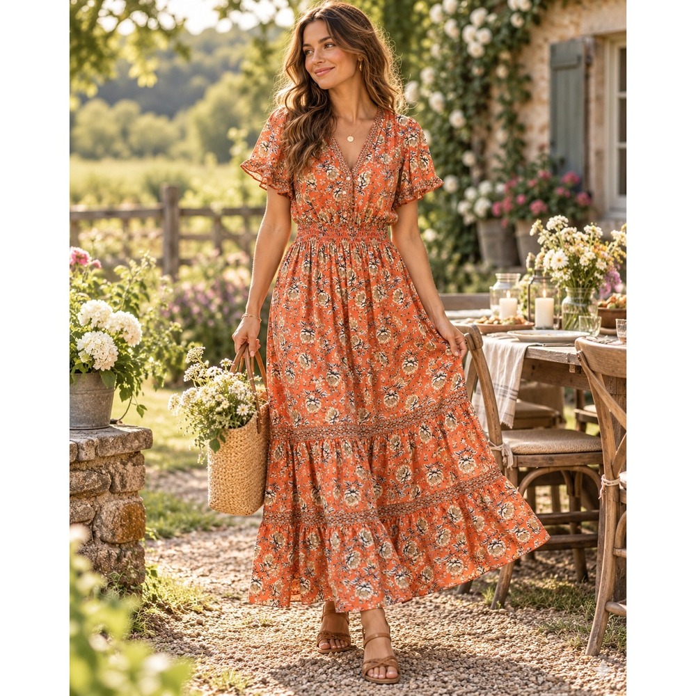 Max Studio London Orange Floral Tiered Maxi Dress Flutter Sleeve Smocked Waist M